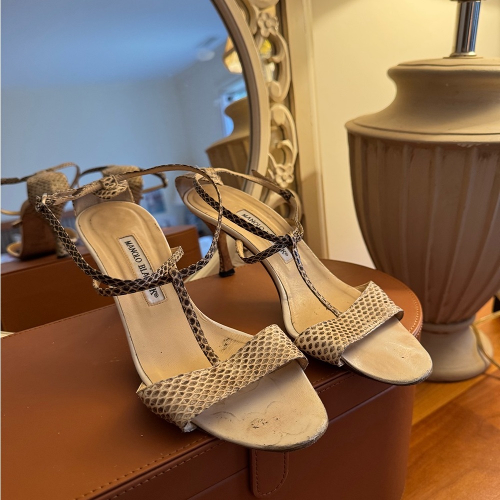 Manolo Blahnik Taupe Python Snakeskin Heels